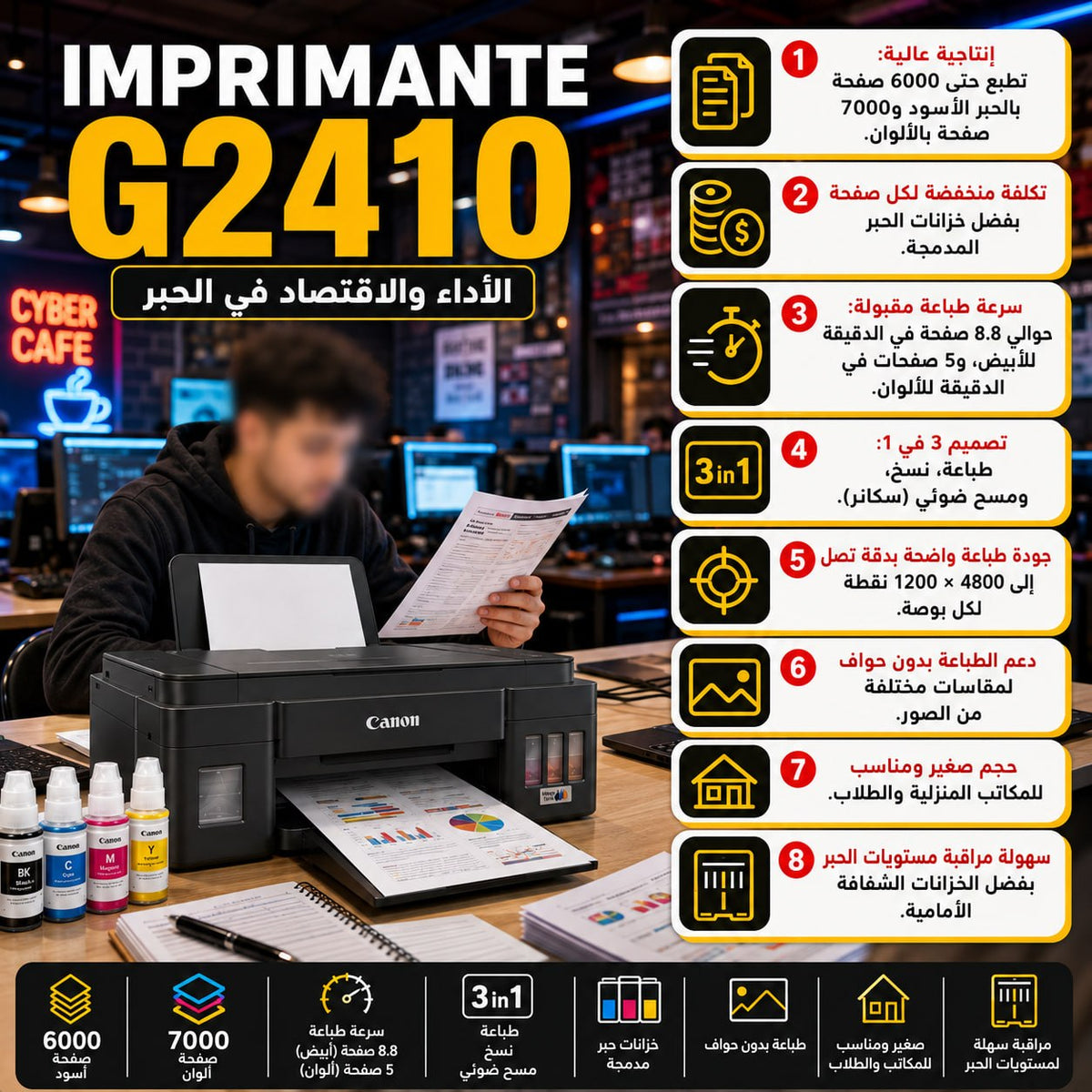 IMPRIMANTE CANON G2410 RESERVOIR SCANNER-PHOTOCOPIE-IMPRESSION+2 CADEAUX GRATUITS